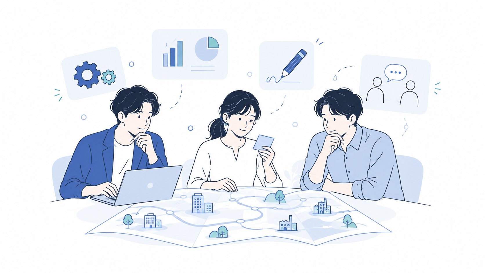 3人が地図を囲んで、それぞれの得意分野のアイコンとともに職種を検討しているイラスト